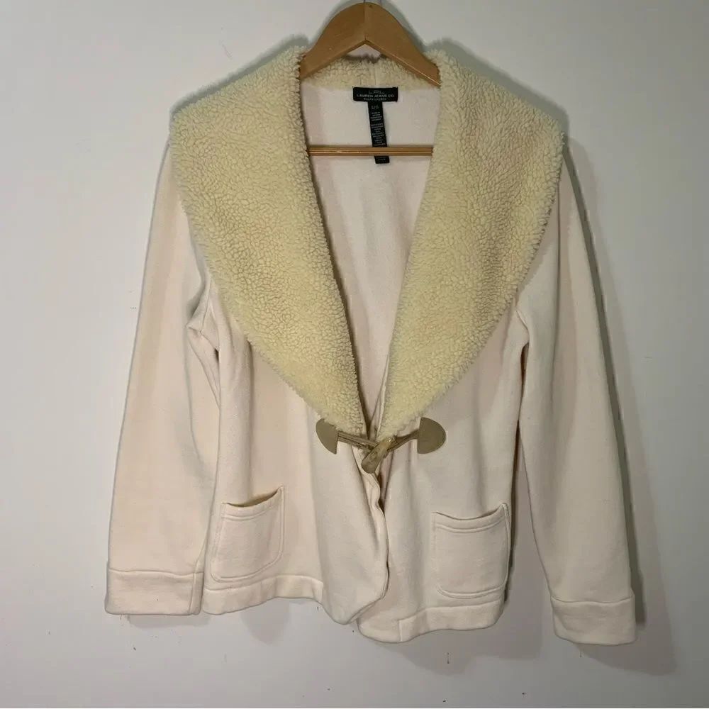 Ralph Lauren Jeans Co Women's Cream Sherpa Collar Jacket Soft Knit Large